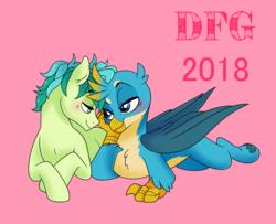 Size: 2506x2036 | Tagged: safe, artist:dragonfoxgirl, gallus, sandbar, earth pony, griffon, pony, g4, school daze, blushing, chest fluff, cute, gallabetes, gay, high res, interspecies, looking at each other, male, paw pads, paws, pink background, sandabetes, ship:gallbar, shipping, simple background, smiling, stallion, underpaw, wings
