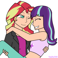 Size: 1280x1280 | Tagged: safe, artist:hayley566, starlight glimmer, sunset shimmer, human, g4, bridal carry, clothes, cute, duo, eyes closed, female, glimmerbetes, hug, humanized, lesbian, midriff, one eye closed, shimmerbetes, ship:shimmerglimmer, shipping, simple background, tank top, transparent background, wink