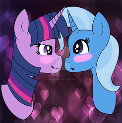 Size: 1024x1042 | Tagged: safe, artist:soxchester82, trixie, twilight sparkle, g4, female, lesbian, ship:twixie, shipping, watermark