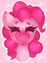 Size: 2695x3625 | Tagged: dead source, safe, artist:adostume, pinkie pie, earth pony, pony, g4, blushing, bubblegum, bust, female, food, gum, happy, heart, high res, solo