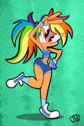 Size: 1470x2205 | Tagged: safe, artist:joeywaggoner, rainbow dash, human, g4, armpits, clothes, converse, female, fingerless gloves, gloves, grin, gym outfit, humanized, looking at you, shoes, shorts, smiling, solo, sports bra, sports shorts, tan, tanned, workout outfit