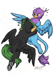 Size: 1660x2352 | Tagged: safe, artist:silentwulv, color edit, edit, oc, oc only, oc:gyro feather, oc:gyro tech, oc:lightning hunt, griffon, pegasus, pony, colored, griffonized, personal space invasion, species swap, traditional art