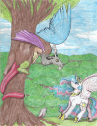 Size: 1488x1924 | Tagged: safe, artist:69beas, discord, princess celestia, alicorn, draconequus, pony, g4, duo, spread wings, tongue out, traditional art, tree, wings