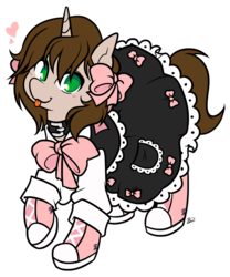 Size: 934x1123 | Tagged: safe, artist:egophiliac, oc, oc only, oc:ryleigh, pony, unicorn, bow, clothes, collar, commission, converse, dress, female, floating heart, heart, mare, shoes, simple background, solo, tongue out, transparent background