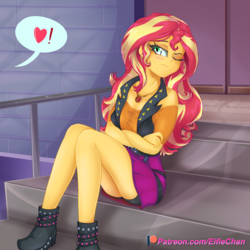 Size: 3000x3000 | Tagged: safe, artist:katakiuchi4u, sunset shimmer, equestria girls, equestria girls series, g4, black underwear, blushing, boots, boyshorts, clothes, cute, female, geode of empathy, high res, jacket, leather jacket, legs, one eye closed, panties, patreon, patreon logo, pictogram, shimmerbetes, shirt, shoes, skirt, solo, stairs, tsundere, tsunset shimmer, underwear, upskirt, wink