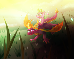 Size: 2000x1600 | Tagged: safe, artist:skylethrin, spike, dragon, g4, crossover, dragons riding dragons, duo, flying, male, riding, smiling, spike riding spyro, spyro the dragon, spyro the dragon (series)