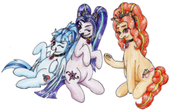 Size: 1820x1196 | Tagged: safe, artist:40kponyguy, derpibooru exclusive, edit, editor:binkyt11, adagio dazzle, aria blaze, sonata dusk, earth pony, pegasus, pony, unicorn, villains of equestria collab, equestria girls, rainbow rocks, annoyed, equestria girls ponified, fourth wall, laughing, leaning, looking at you, one eye closed, pigtails, ponified, simple background, the dazzlings, traditional art, transparent background, twintails, underhoof