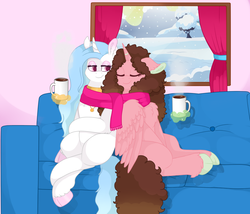 Size: 1104x947 | Tagged: safe, artist:69beas, oc, oc only, chest fluff, chocolate, clothes, couch, cuddling, female, food, hot chocolate, scarf, shared clothing, shared scarf, snow, tree, winter