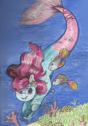 Size: 1155x1655 | Tagged: safe, artist:69beas, oc, oc only, fish, merpony, sea pony, bubble, coral, fish tail, flowing mane, flowing tail, ocean, open mouth, smiling, solo, swimming, tail, teeth, traditional art, underwater, water