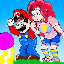 Size: 1375x1372 | Tagged: safe, artist:cailauniverse, pinkie pie, human, g4, ? block, crossover, female, humanized, male, mario, mariopie, super mario bros.