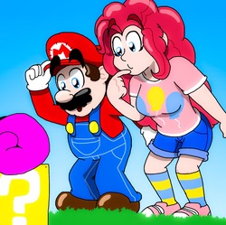 Size: 1375x1372 | Tagged: safe, artist:cailauniverse, pinkie pie, human, g4, ? block, crossover, duo, duo male and female, female, grass, hat, humanized, male, mario, mariopie, super mario bros.