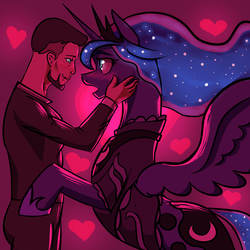 Size: 5000x5000 | Tagged: safe, artist:zintenka, princess luna, oc, alicorn, human, g4, absurd resolution, canon x oc, female, imminent kissing, love, male, romance, romantic, straight