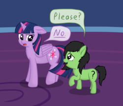 Size: 3189x2753 | Tagged: safe, artist:craftycirclepony, twilight sparkle, oc, oc:filly anon, alicorn, pony, g4, angry, annoyed, begging, chest fluff, cute, dialogue, duo, ear fluff, female, filly, floppy ears, frown, high res, looking at each other, looking back, no, open mouth, please, raised leg, scrunchy face, smiling, speech bubble, twilight sparkle (alicorn), twilight sparkle is not amused, twilight's castle, unamused