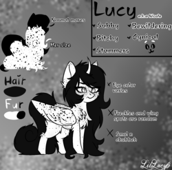 Size: 1316x1299 | Tagged: safe, artist:lillucy6, oc, oc:lucy, alicorn, pony, alicorn oc, chubby, curved horn, female, freckles, horn, mare, monochrome, smol, wings