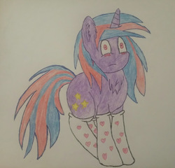 Size: 613x588 | Tagged: safe, artist:cosmicspark, oc, oc only, oc:cosmic spark, pony, unicorn, clothes, embarrassed, female, fluffy, socks, solo, traditional art