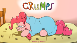 Size: 2560x1440 | Tagged: safe, artist:luvlessi, pinkie pie, earth pony, pony, fanfic:grumps!, g4, bed, blanket, fanfic, fanfic art, female, frown, grumpy, no pupils, prone, solo