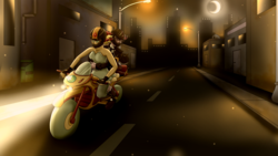 Size: 2560x1440 | Tagged: safe, artist:luvlessi, sci-twi, sunset shimmer, twilight sparkle, fanfic:pigeon toes, equestria girls, g4, city, duo, fanfic, fanfic art, helmet, moon, motorcycle, night