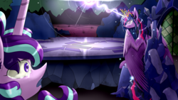 Size: 2560x1440 | Tagged: safe, artist:luvlessi, starlight glimmer, twilight sparkle, alicorn, pony, unicorn, fanfic:step right in and start again, g4, crying, cutie map, duo, fanfic, fanfic art, magic, ruins, throne, twilight sparkle (alicorn), twilight's castle