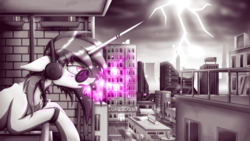 Size: 3840x2160 | Tagged: safe, artist:luvlessi, dj pon-3, vinyl scratch, pony, unicorn, fanfic:the things tavi says, g4, balcony, bracelet, city, female, headphones, high res, horn, horn ring, jewelry, lightning, monochrome, neo noir, partial color, piercing, solo, sunglasses