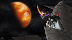 Size: 4096x2304 | Tagged: safe, artist:nightpaint12, king sombra, pony, g4, armor, crossover, glowing horn, horn, male, planet, sith, solo, spaceship, star wars