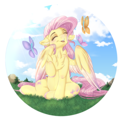 Size: 1024x1026 | Tagged: safe, artist:pvrii, fluttershy, butterfly, pegasus, pony, both cutie marks, chest fluff, cloud, colored hooves, colored wings, colored wingtips, crepuscular rays, cute, ear fluff, eyes closed, female, floppy ears, grass, happy, mare, open mouth, outdoors, raised hoof, shyabetes, simple background, sitting, sky, smiling, spread wings, transparent background, wings