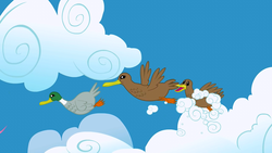 Size: 1280x720 | Tagged: safe, screencap, bird, duck, mallard, g4, the cutie mark chronicles, animal, cloud, flying
