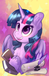 Size: 825x1275 | Tagged: safe, artist:halley-valentine, twilight sparkle, alicorn, pony, g4, adorkable, book, cloven hooves, cute, dork, egghead, female, mare, open mouth, quill, scroll, smiling, solo, twiabetes, twilight sparkle (alicorn), unshorn fetlocks