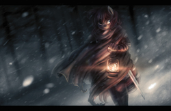Size: 1800x1176 | Tagged: dead source, safe, artist:ventious, oc, oc only, oc:latch, anthro, cloak, clothes, female, lantern, snow, solo, sword, weapon, winter