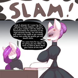 Size: 1250x1250 | Tagged: safe, artist:darkestmbongo, oc, oc only, oc:d.d, earth pony, anthro, ask ddthemaid, comic:ddthemaid memories, arm hooves, big breasts, boop, breasts, busty oc, clothes, comic, cross-popping veins, dialogue, dress, female, grammar error, intimidating, skirt, slam, surprised, sweat, sweatdrop, sweater, turtleneck
