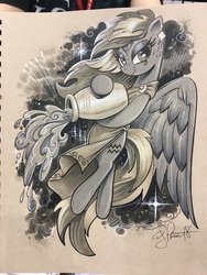 Size: 1536x2048 | Tagged: safe, artist:andypriceart, pegasus, pony, aquarius, clothes, female, grayscale, jug, mare, monochrome, ponyscopes, robe, solo, traditional art, water, zodiac