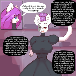 Size: 1250x1250 | Tagged: safe, artist:darkestmbongo, oc, oc only, oc:d.d, unnamed oc, earth pony, anthro, ask ddthemaid, comic:ddthemaid memories, amputee, arm hooves, big breasts, boop, breasts, burned, clothes, comic, dialogue, dress, female, grammar error, intimidating, missing arm, scar, shelves, skirt, smiling, stump, sweat