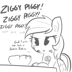 Size: 1650x1650 | Tagged: safe, artist:tjpones, rainbow dash, pony, g4, bill & ted, bill & ted's excellent adventure, dialogue, female, food, ice cream, mare, monochrome, simple background, sketch, solo, white background, ziggy piggy