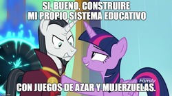 Size: 888x499 | Tagged: safe, edit, edited screencap, screencap, chancellor neighsay, twilight sparkle, alicorn, pony, unicorn, g4, school daze, bender bending rodríguez, blackjack and hookers, female, futurama, image macro, male, mare, meme, spanish, spanish text, translated in the comments, twilight sparkle (alicorn)