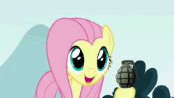 Size: 902x508 | Tagged: safe, edit, edited screencap, editor:zeppo, screencap, fluttershy, pony, g4, school daze, animated, cool guys don't look at explosions, explosion, female, fluttershy throwing things, grenade, i can't believe it's not superedit, solo, throwing