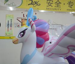 Size: 1054x893 | Tagged: safe, artist:arniemkii, queen novo, classical hippogriff, hippogriff, g4, my little pony: the movie, bootleg, female, hongyi, indoors, inflatable, inflatable hippogriff, inflatable toy, inflation valve, irl, opaque inflatable, photo, solo, standing