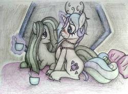 Size: 1599x1180 | Tagged: safe, artist:angelofthewisp, marble pie, oc, oc:sugar skull (angelofthewisp), pony, unicorn, g4, bed, blushing, canon x oc, choker, cup, female, food, lesbian, magic, mare, pillow, prone, shipping, tea, teacup, traditional art