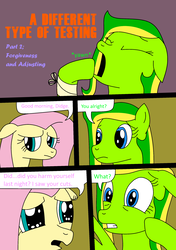 Size: 1750x2485 | Tagged: safe, artist:didgereethebrony, fluttershy, oc, oc:boomerang beauty, oc:didgeree, comic:a different type of testing, g4, bandage, boomeree, yawn