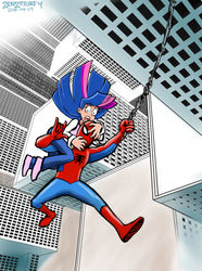Size: 1672x2250 | Tagged: safe, artist:zenzmurfy, twilight sparkle, human, g4, city, clothes, crossover, humanized, male, new york city, open mouth, requested art, spider-man, superhero
