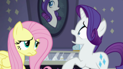 Size: 1920x1080 | Tagged: safe, screencap, fluttershy, rarity, pegasus, pony, unicorn, fake it 'til you make it, g4, cute, duo, female, looking at each other, mare, open mouth, rarity for you, sad, scared, shyabetes