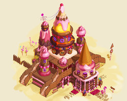 Size: 1023x813 | Tagged: dead source, safe, artist:sunset tide, pinkie pie, earth pony, pony, g4, building, candy, castle, dessert, female, food, isometric, mare, pastry, solo