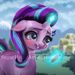 Size: 800x800 | Tagged: safe, artist:sugarheartart, starlight glimmer, pony, unicorn, g4, female, glowing horn, horn, kite, kite flying, ponyville, smiling, solo, watermark