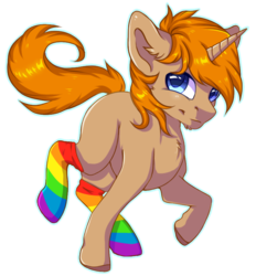 Size: 713x768 | Tagged: safe, artist:serenity, oc, oc only, oc:slypai, pony, unicorn, chibi, clothes, commission, male, rainbow socks, simple background, socks, solo, stockings, striped socks, thigh highs, transparent background