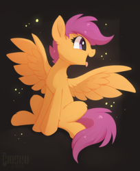 Size: 831x1016 | Tagged: dead source, safe, artist:hioshiru, scootaloo, pegasus, pony, g4, cheek fluff, chest fluff, cute, cutealoo, ear fluff, female, filly, fluffy, gray background, leg fluff, looking sideways, older, older scootaloo, open mouth, profile, simple background, sitting, solo, spread wings, teenage scootaloo, teenager, tongue out, wing fluff, wings