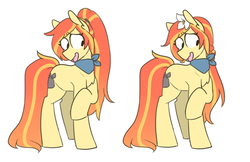 Size: 1036x670 | Tagged: safe, artist:redxbacon, oc, oc only, oc:sunny lane, oc:trash, earth pony, pony, chest fluff, clothes, crossed hooves, disgusted, ear fluff, female, flower, flower in hair, hairband, long tail, looking down, mare, open mouth, ponytail, raised hoof, scarf, shrunken pupils, simple background, solo, wavy mouth, white background