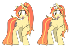 Size: 1036x670 | Tagged: safe, alternate version, artist:redxbacon, oc, oc only, oc:sunny lane, oc:trash, earth pony, pony, chest fluff, crossed hooves, disgusted, ear fluff, female, flower, flower in hair, hairband, long tail, looking down, mare, open mouth, ponytail, raised hoof, shrunken pupils, simple background, solo, wavy mouth, white background