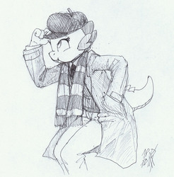 Size: 885x900 | Tagged: safe, artist:carnifex, spike, anthro, g4, barb, clothes, coat, female, grayscale, hat, monochrome, pen drawing, rule 63, scarf, solo, traditional art