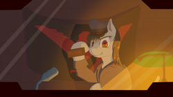 Size: 2560x1440 | Tagged: safe, artist:coreboot, oc, oc:commissar junior, arstotzka, book, brick wall, clothed ponies, clothes, flag, glass, grin, hat, inspector, lamp, male, microphone, military, papers please, red eyes, smiling, stamp, uniform