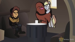 Size: 1334x750 | Tagged: safe, artist:harmony studios, screencap, derpy hooves, pony, g4, chewbacca, crossover, derpy's delivery, han solo, holding a pony, hug, mos eisley cantina, not impressed, one eye closed, smiling, star wars, table, unamused, window, wink