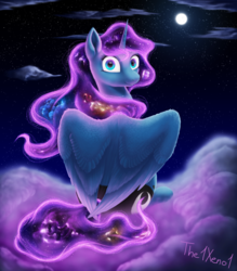 Size: 1280x1458 | Tagged: safe, artist:the1xeno1, princess luna, pony, g4, ethereal mane, female, galaxy mane, looking at you, looking back, moon, night, rear view, smiling
