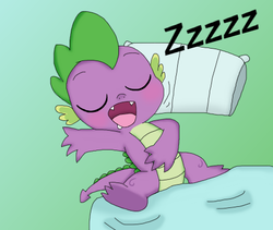 Size: 459x388 | Tagged: safe, artist:star island, spike, dragon, g4, baby, baby dragon, blanket, cute, drool, male, open mouth, pillow, sleeping, snoring, spikabetes, zzz